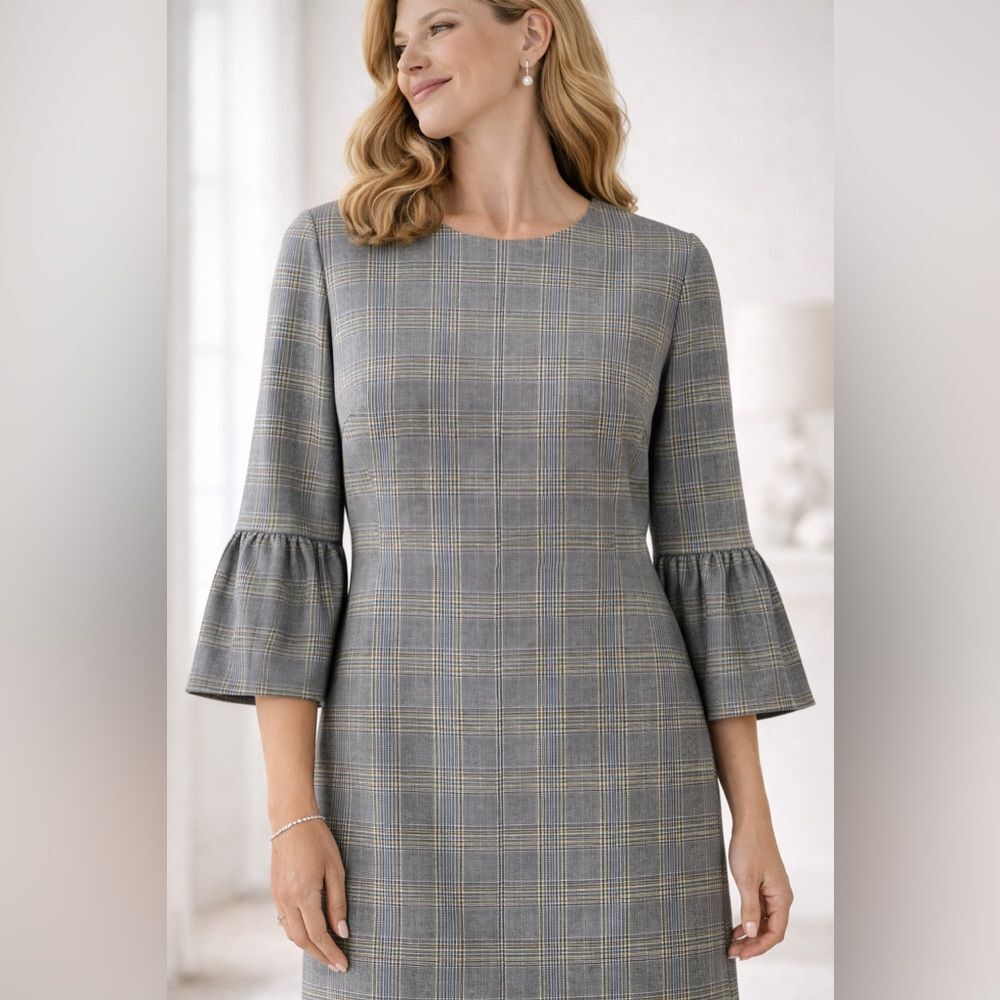 WHBM Sheath Dress 2 Gray Glen Check Plaid Bell Sleeve Career Office Corporate